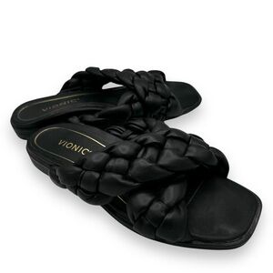 Vionic Braided Faux Leather Cross Strap Slides Sandals Kalina, Black, Size 7.5